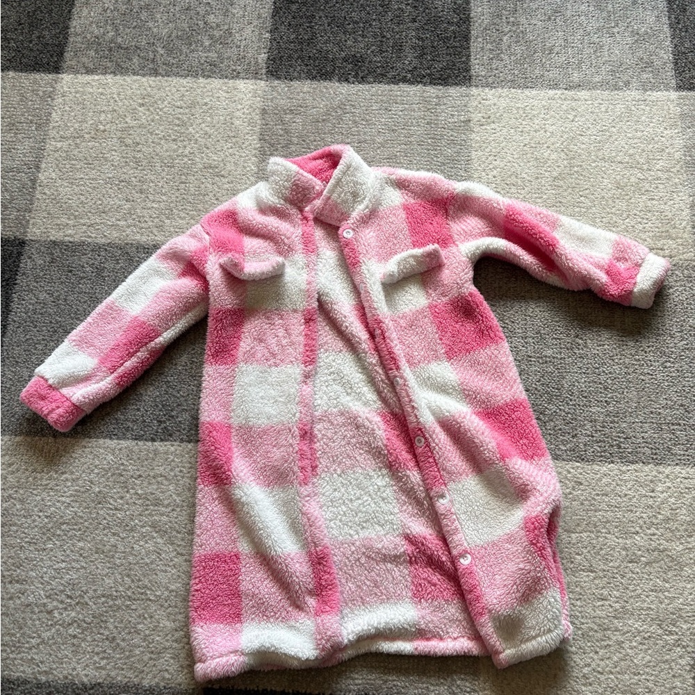 Pink and White Plaid Button-Up Fleece Coat